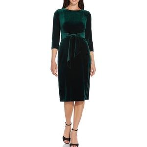 Adrianna Papell Velvet Tie Waist Crew Neck 3/4 Sleeve Sheath Dress: Hunter - 18
